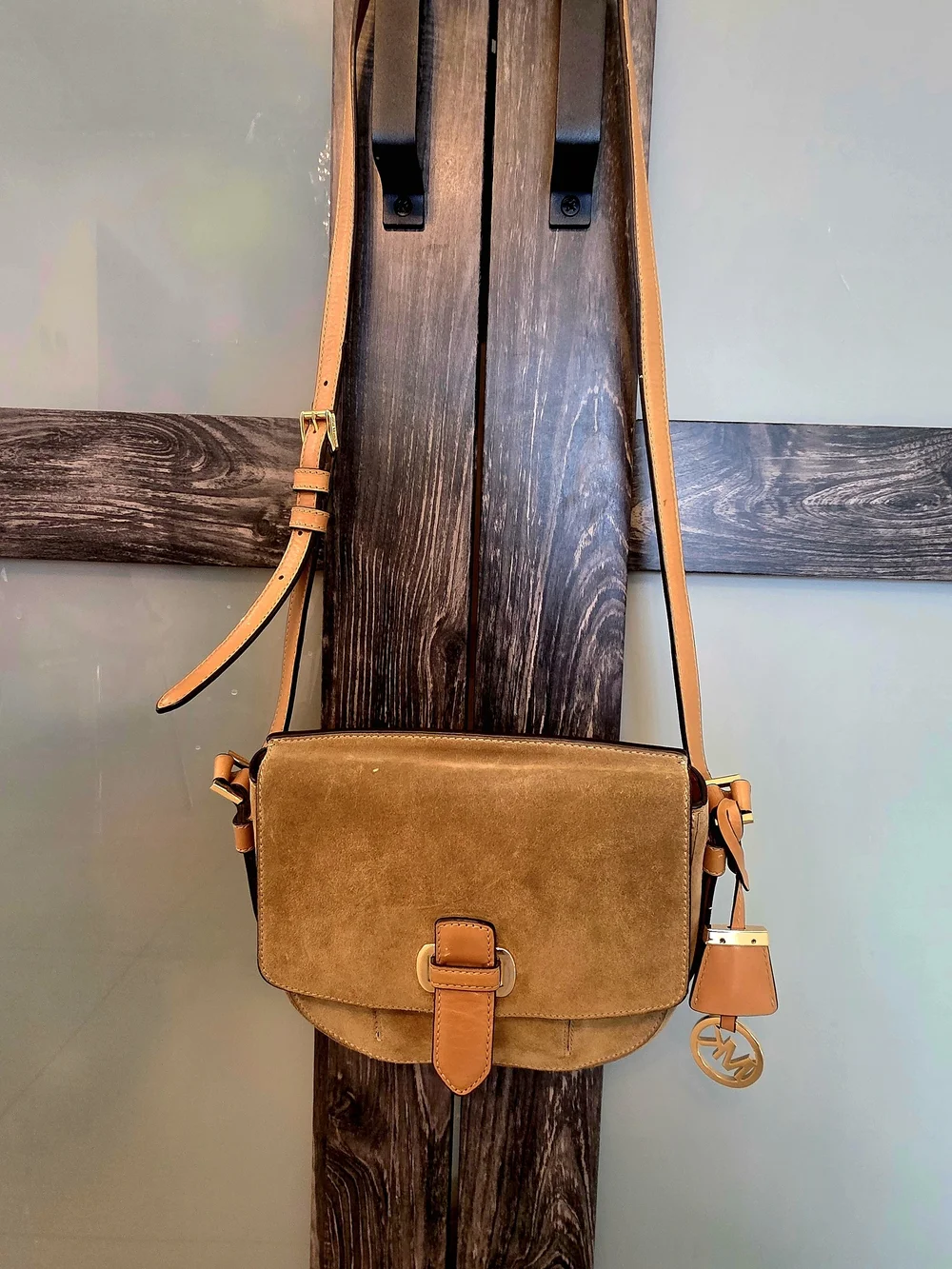 Michael Kors Tan Suede Leather Shoulder Bag - Gold Hardware, Buckle, MK Charm - Picture 3 of 12